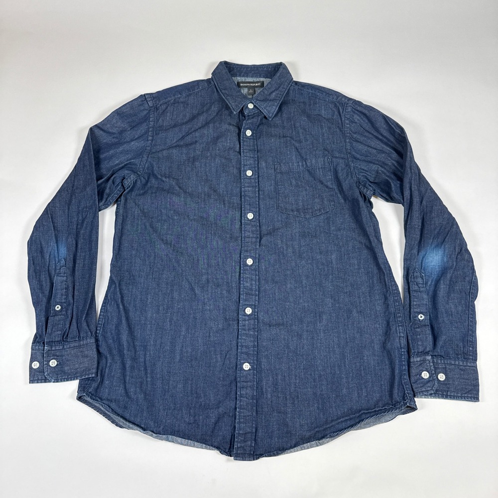 Banana Republic Denim Button Down Mens‎ Large Blue Cotton Linen Blend Workwear